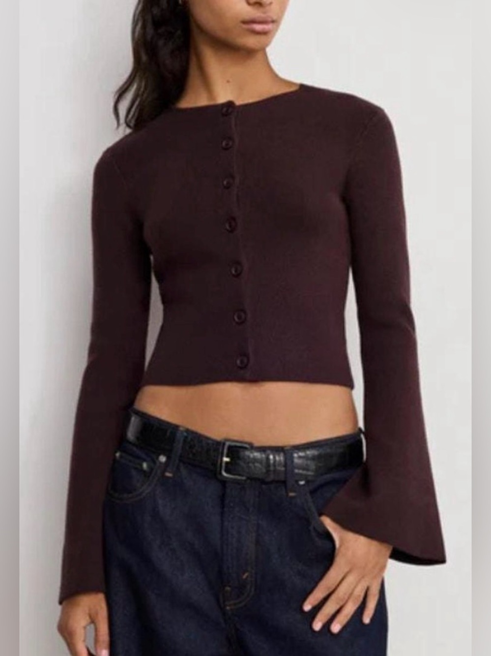 Good American Chocolate Brown Bell Sleeves Cardigan Size M